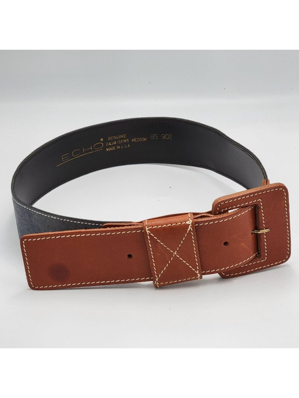 Echo Genuine Italian Leather Belt Medium Brown & Blue Made In USA